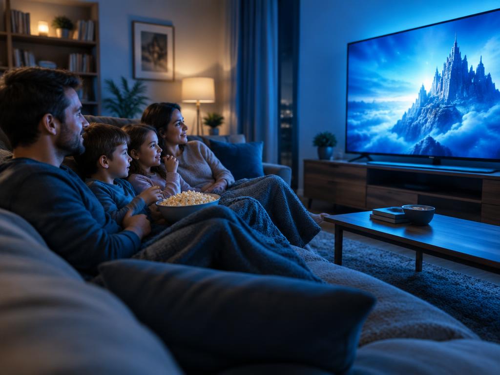 Famille regardant un film sur un grand téléviseur